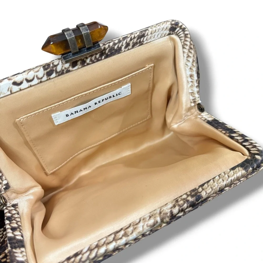 Banana Republic Snakeskin Print Frame Clutch Amber Stone Clasp Neutral Handbag
